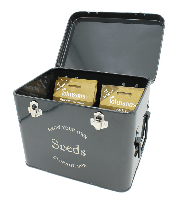 black storage box with 'Grow Your Own Seeds' text, containing Johnson's seed packets on a white background.