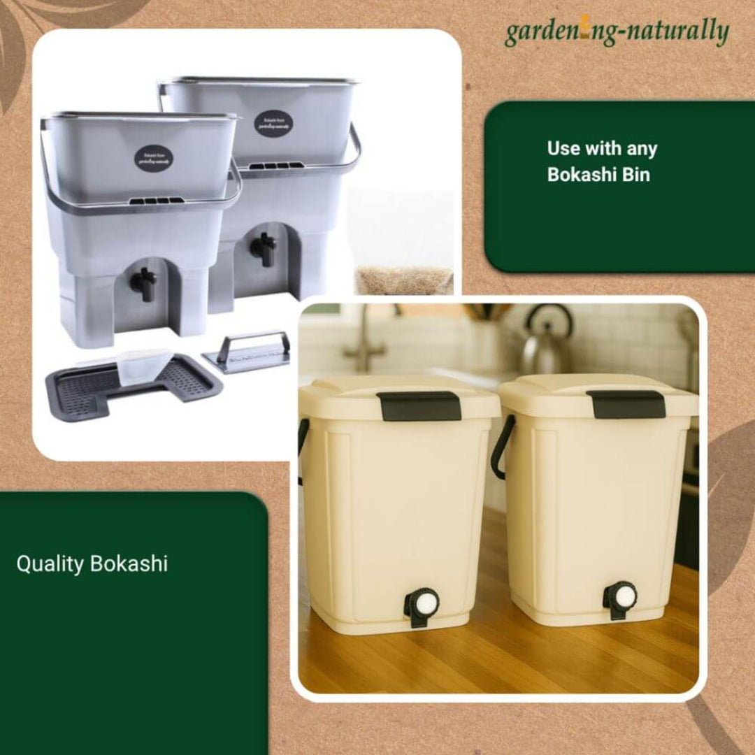 Two beige plastic Bokashi bins with lids to use the bokashi bran.