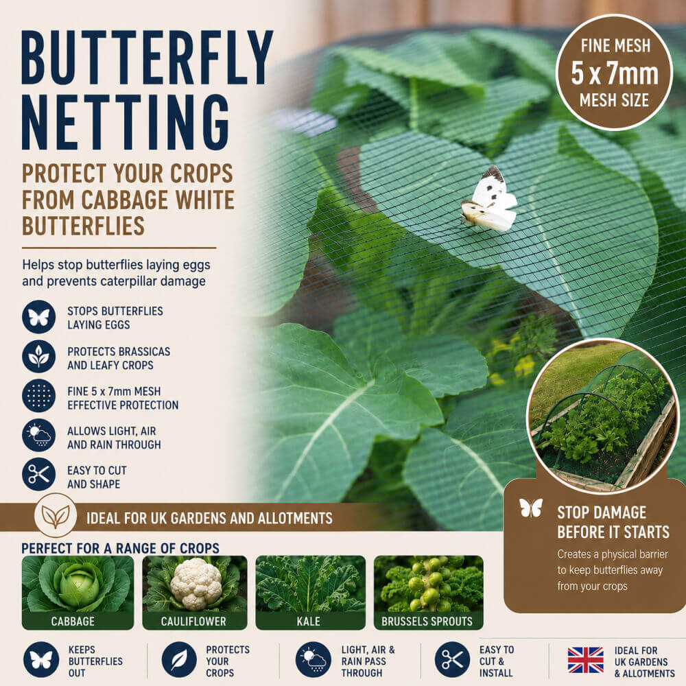 An informational product graphic for butterfly netting. 