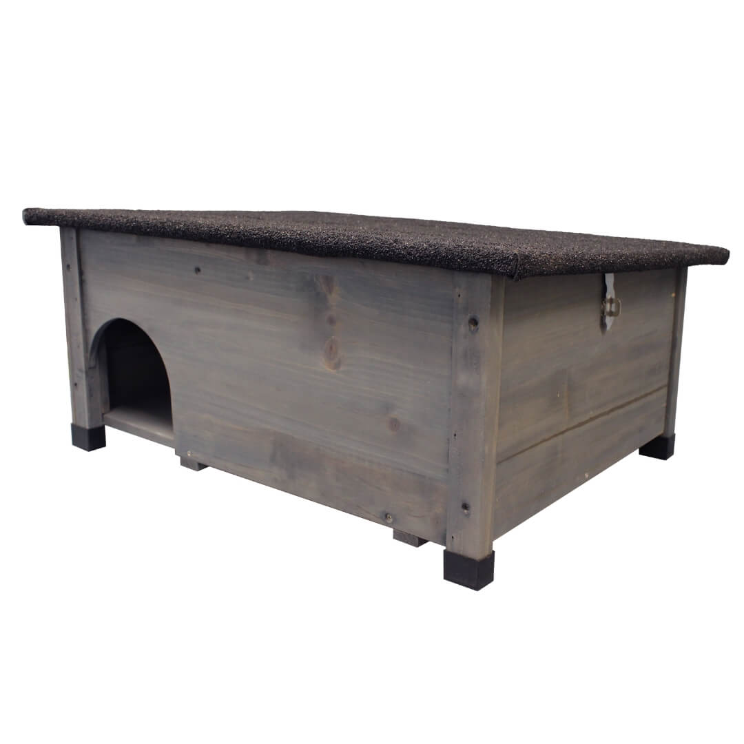 Wooden grey hedgehog house with a dark roof on a white background