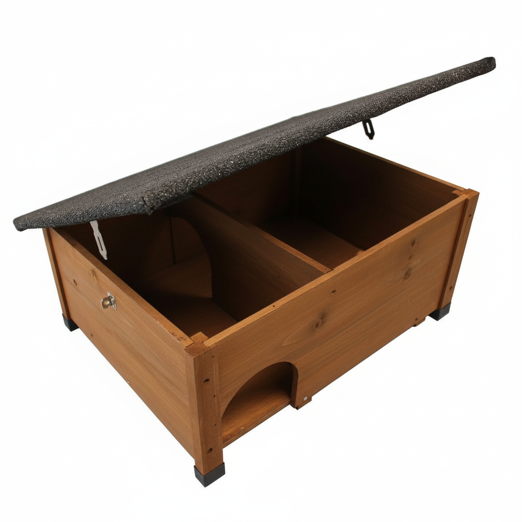 Wooden hedgehog house with a roof on a white background