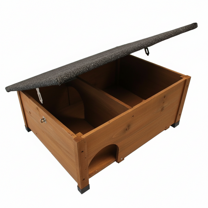 Wooden hedgehog house with a roof on a white background