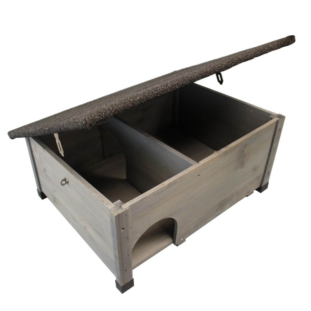 grey open wooden hedgehog house