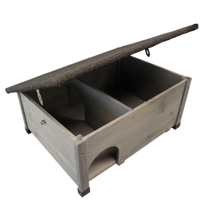 grey open wooden hedgehog house