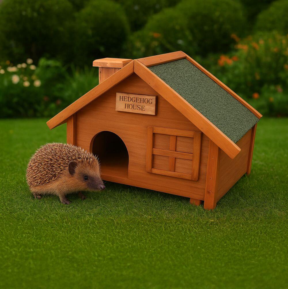 wooden hedgehog house with hedgehog near door