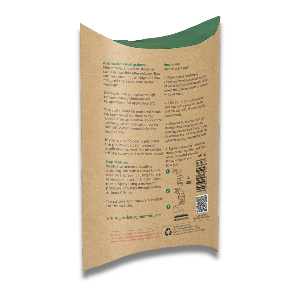 Gardening Naturally ant nematode pack showing the back with instrucions