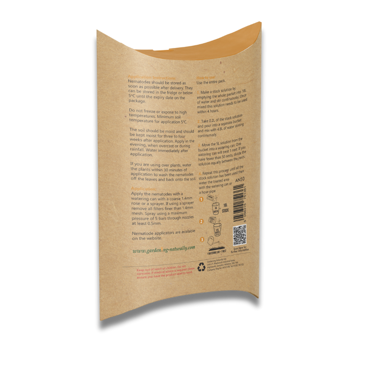 Gardening Naturally nematode pack back showing instructions