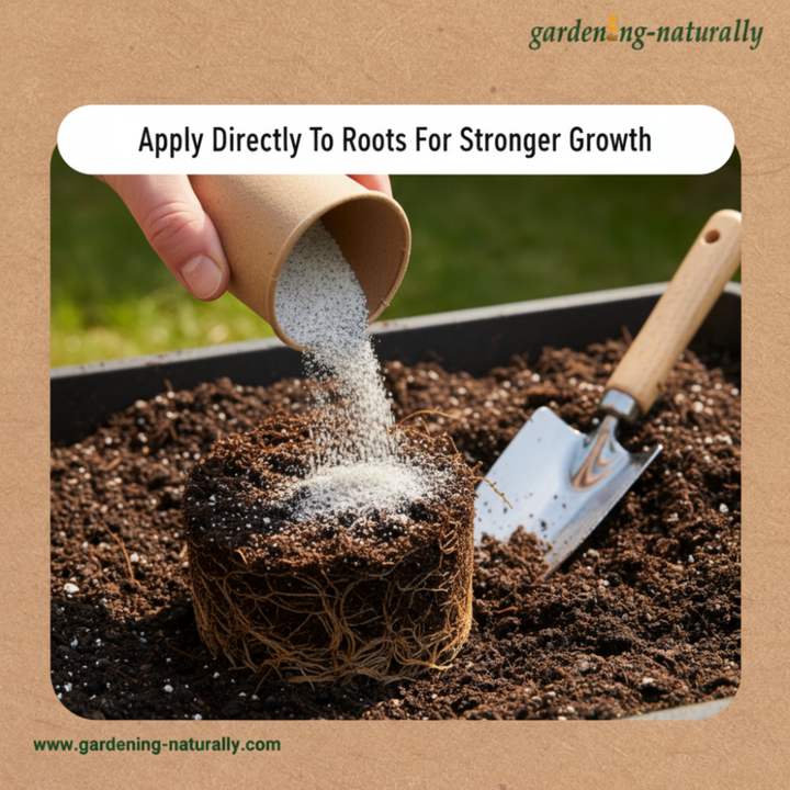 A hand pours white granular fertiliser from a small brown paper cup.