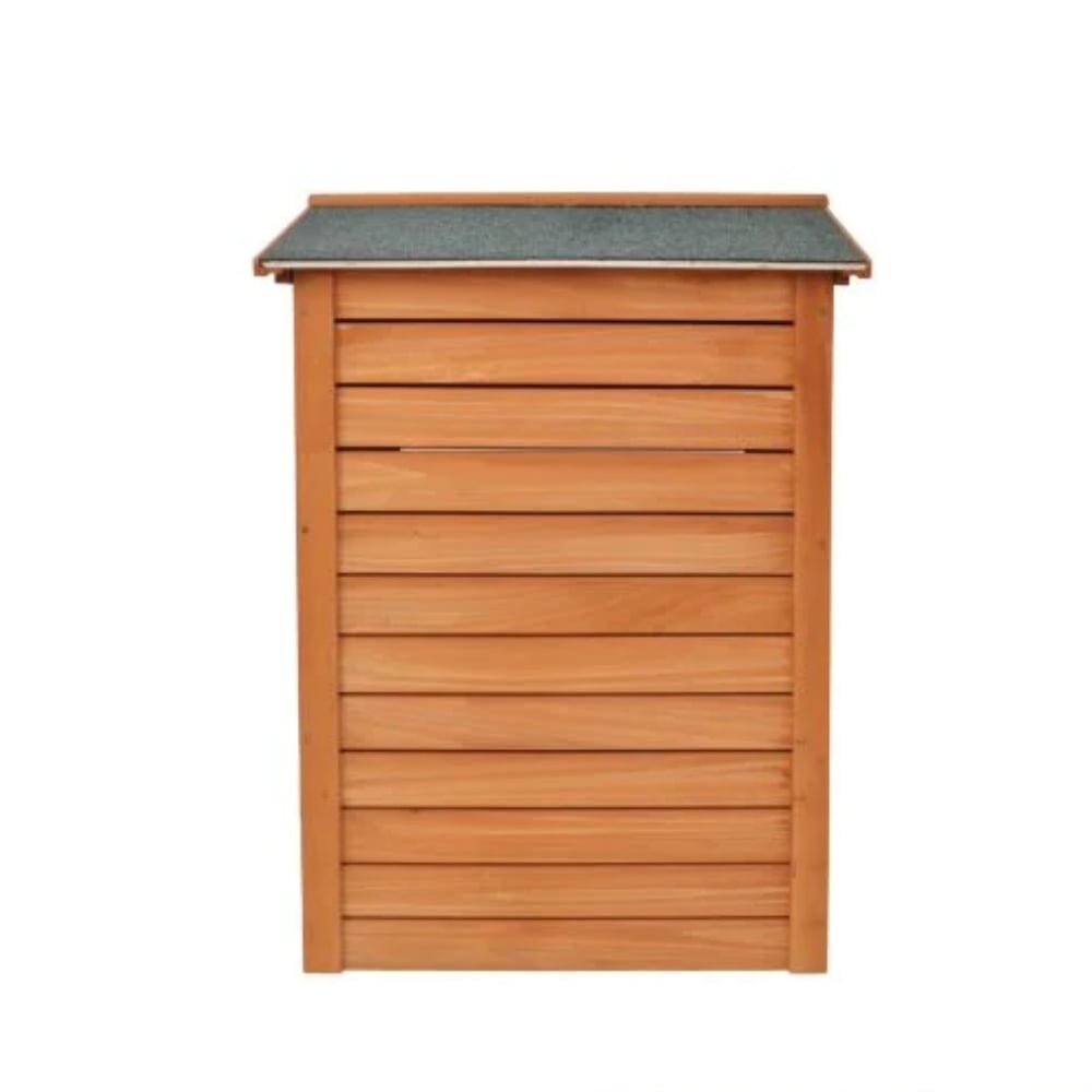 Wooden beehive side view of compost bin with a slatted design on a white background