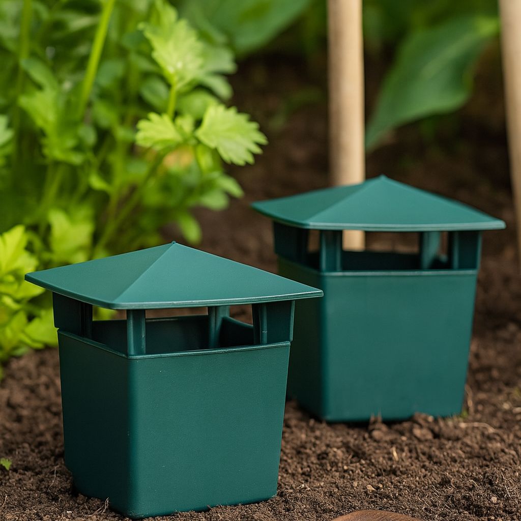 Two green gardening markers on soil with plants in the background