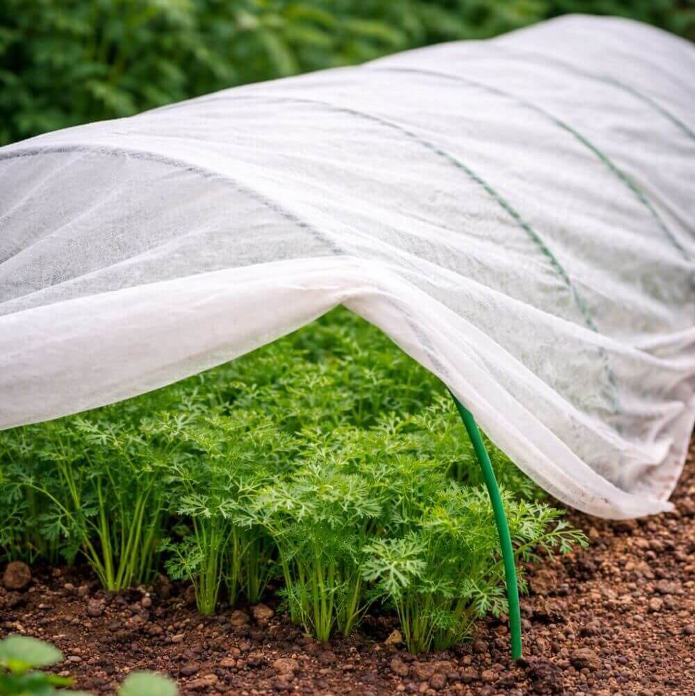 White protective covering over young plants in a garden