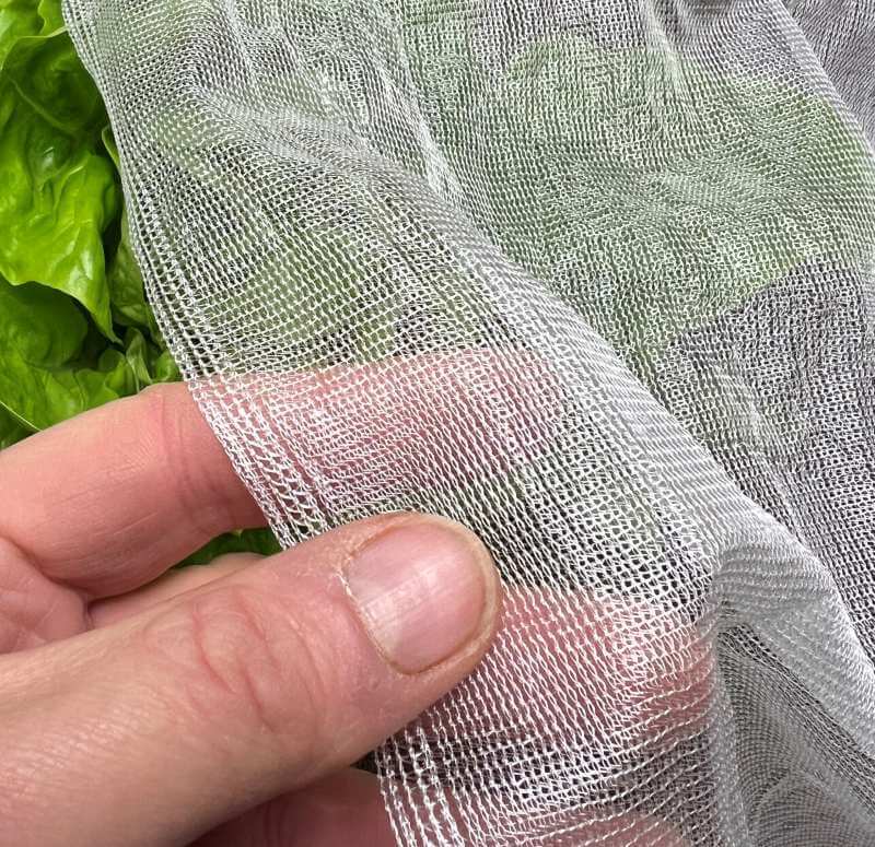 Close-up of a hand holding a piece of mesh fabric with green leaves in the background