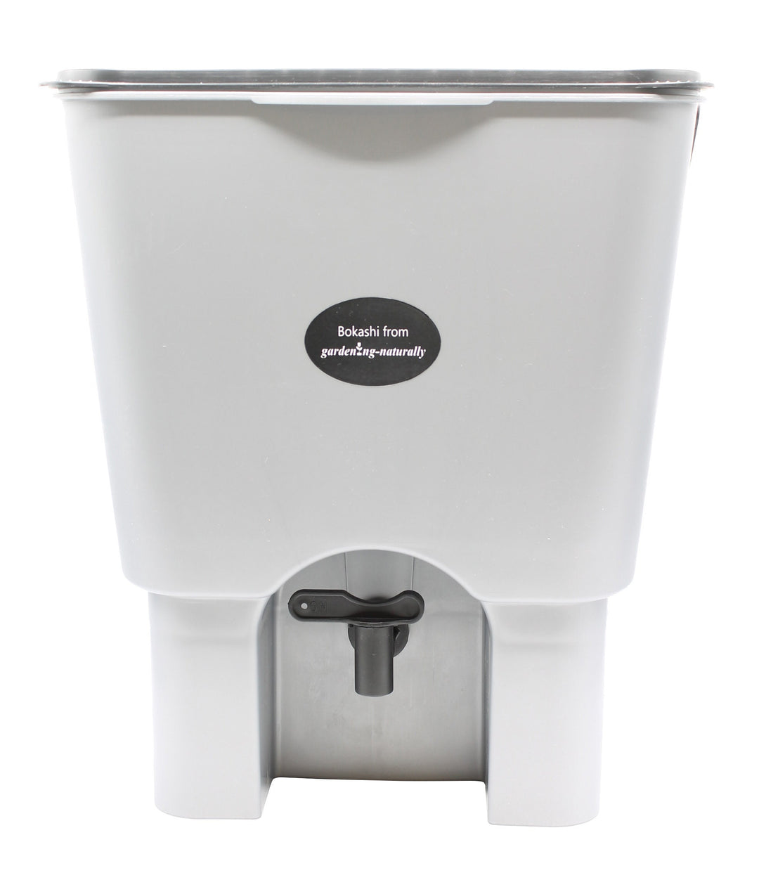 A single bokashi bin with tap on a white background