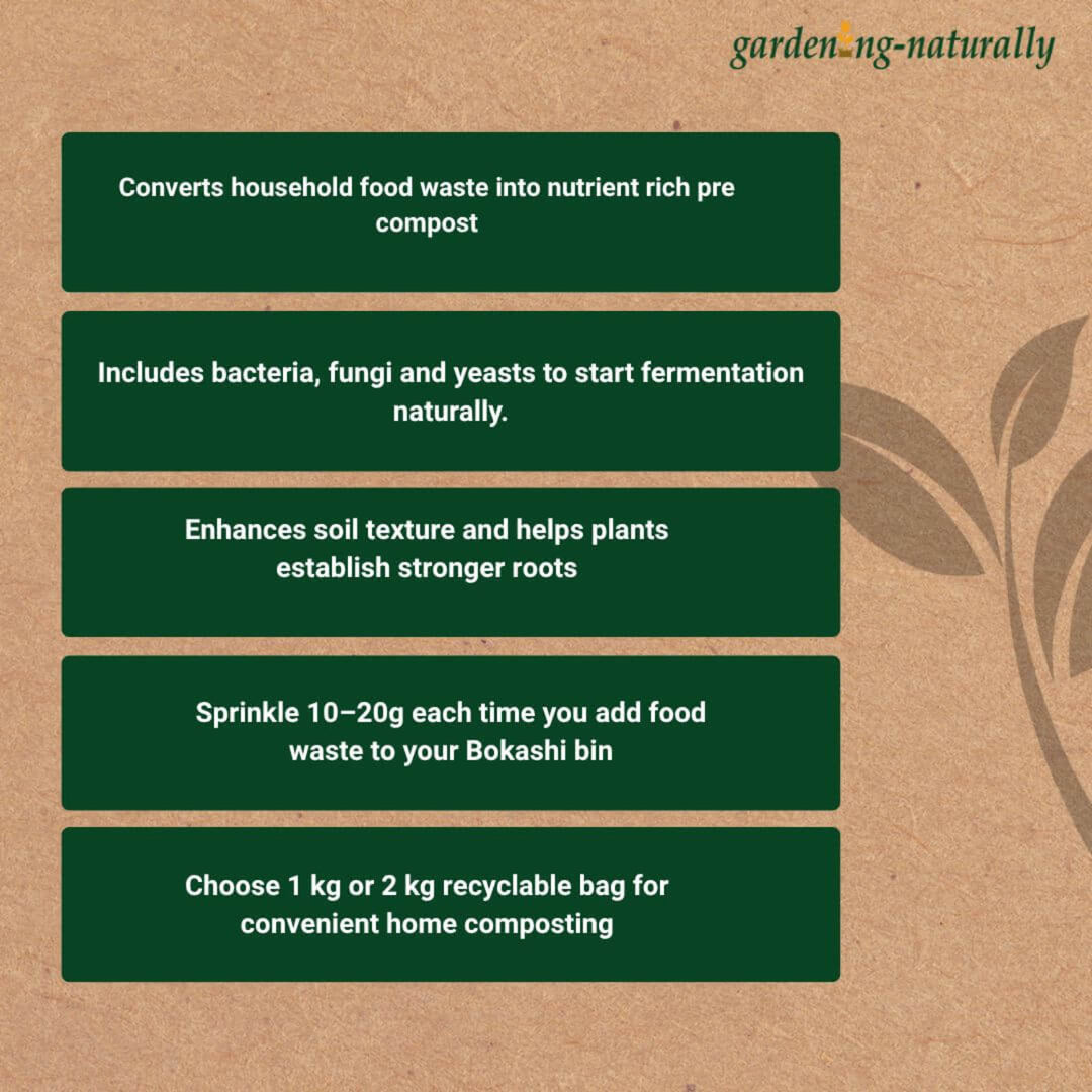 Bokashi composting instructions on a brown background.