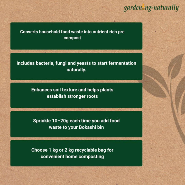 Bokashi composting instructions on a brown background.