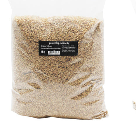 Bag of Bokashi bran in transparent bag with a label on a white background
