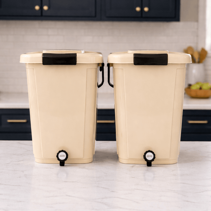 Bokashi Composting bins in a blue kitchen