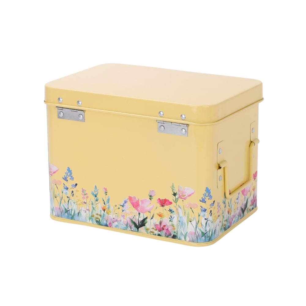yellow seed tin with flowers