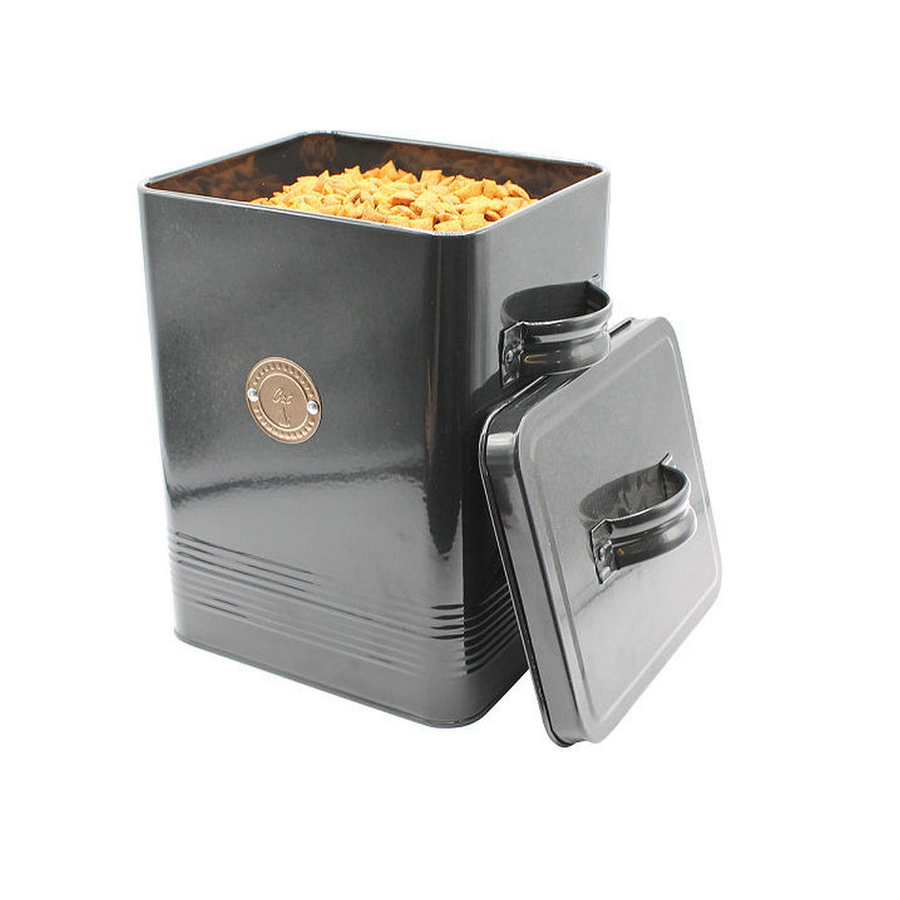 Black biscuit tin for cat food on white background