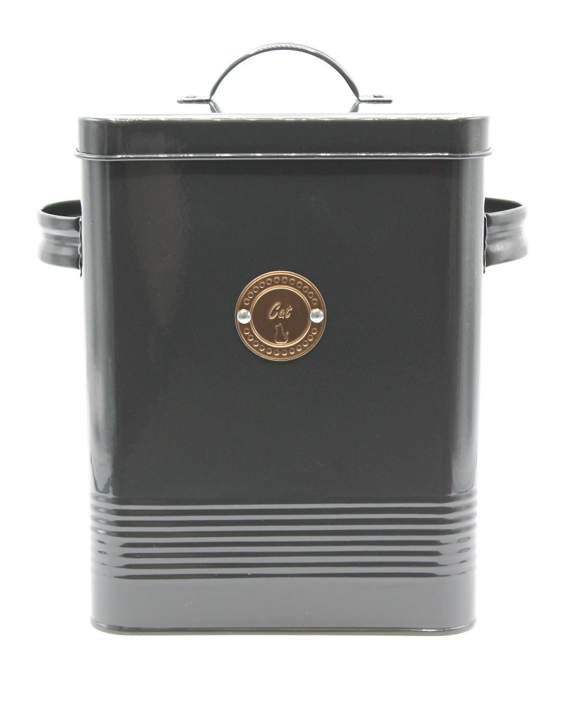 Black tin with handles  for cat food