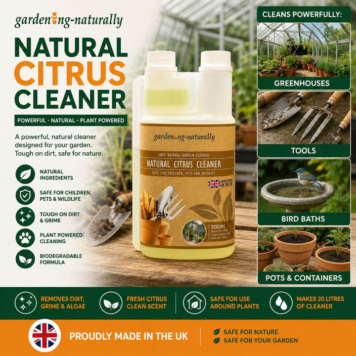 Natural Citrus Cleaner bottle with gardening-themed background.