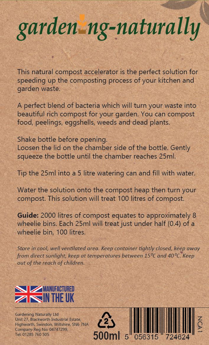 Back label of a Compost accelerator with instructions.