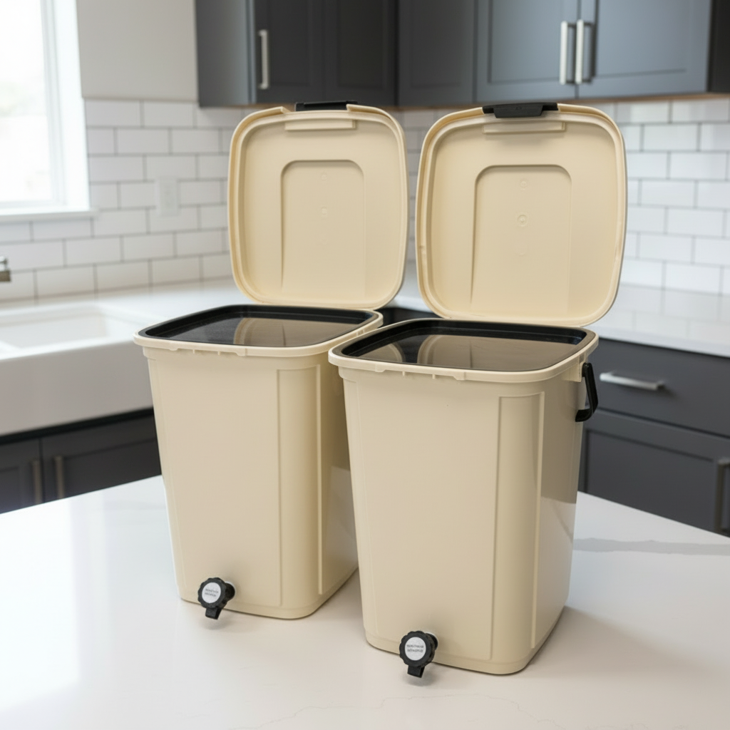 Beige bokashi compost bins with black lids on a kitchen counter