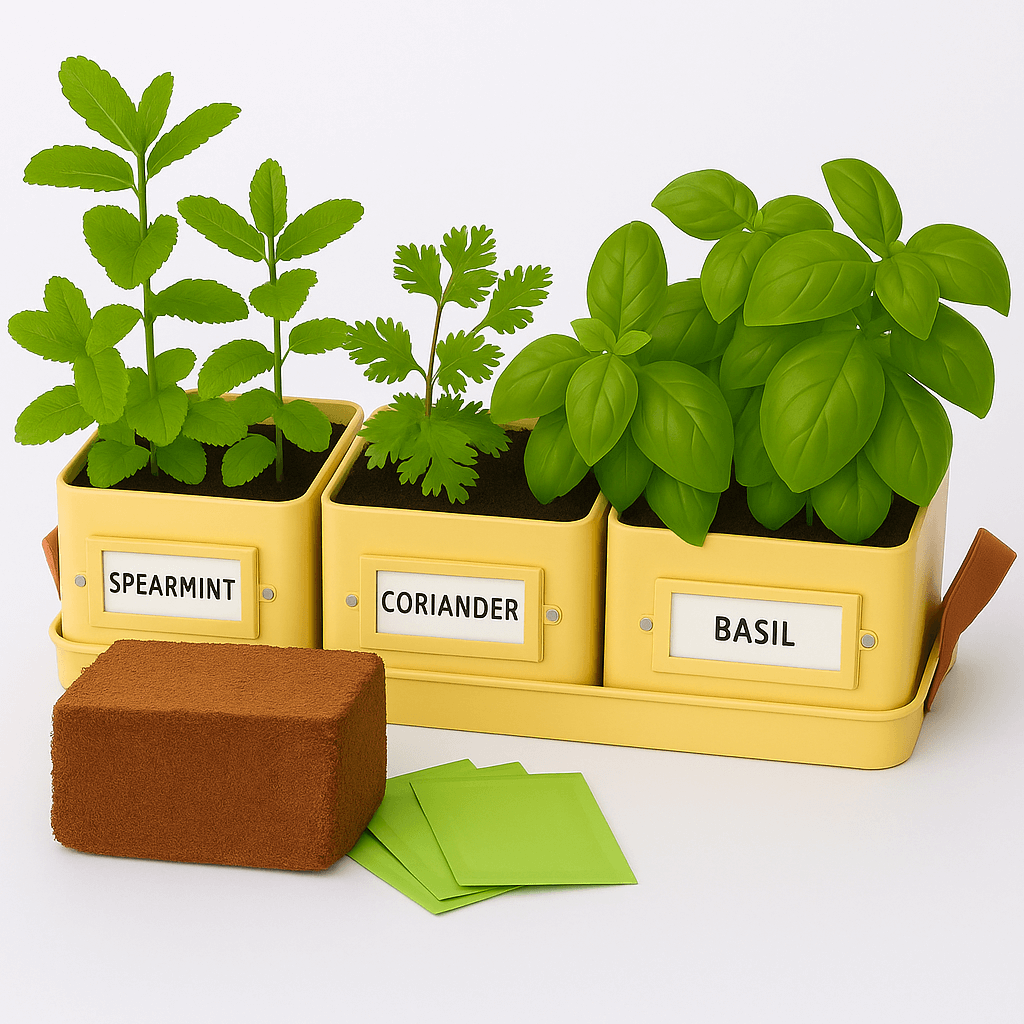 Set of herbs with labels in  yellow pots