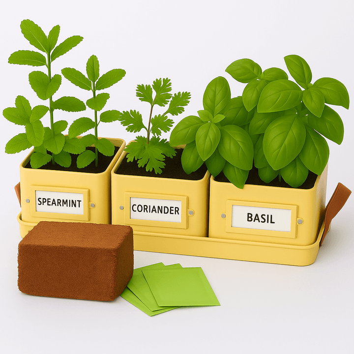 Set of herbs with labels in  yellow pots