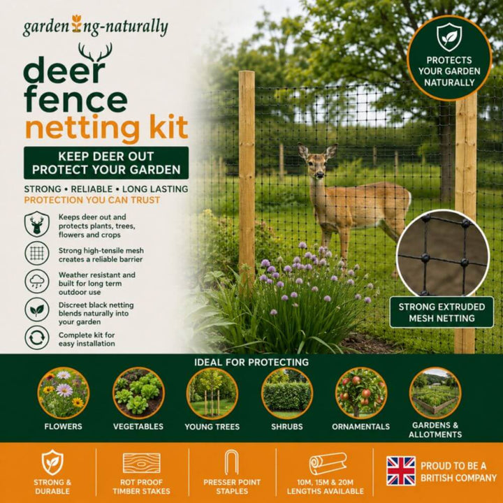 Deer fence netting kit featuring text and graphics on benefits.