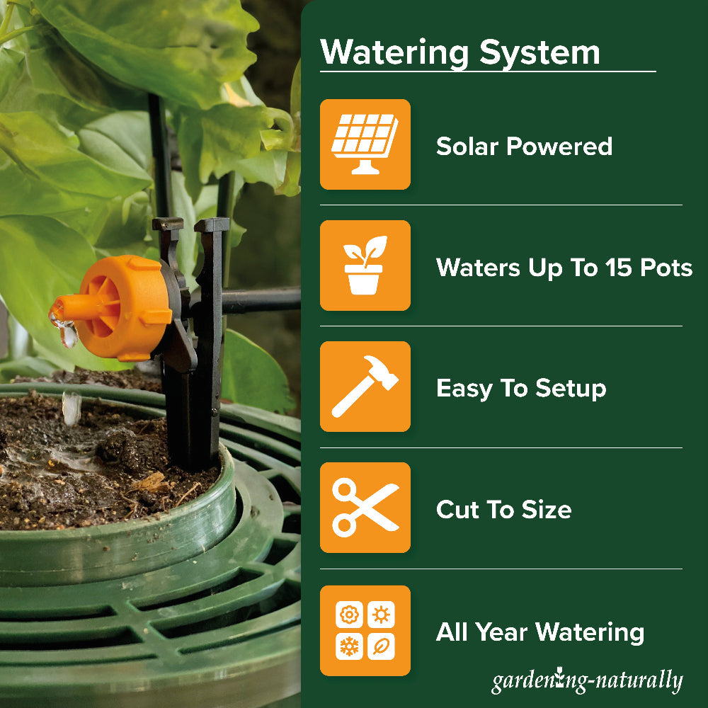 Solar-powered watering system for plants with features listed on a green background.