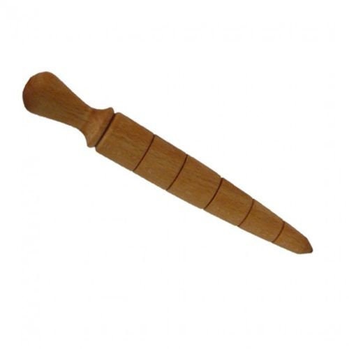 A wooden plant dibber with a handle and ridged measuring scale, used for planting bulbs.
