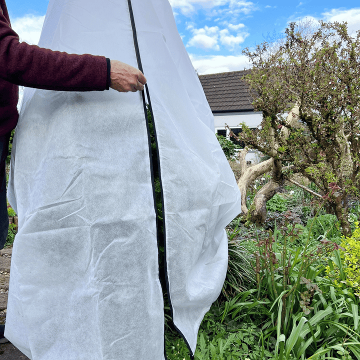 Person holding a large white sheet in a garden setting with trees and plants.