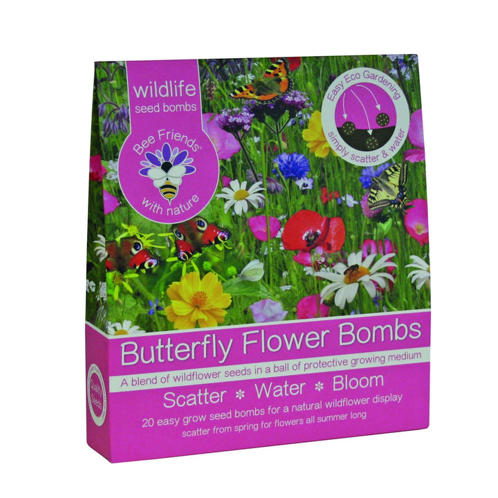 A package of Butterfly Flower Bombs with a vibrant cover featuring various colorful flowers and butterflies