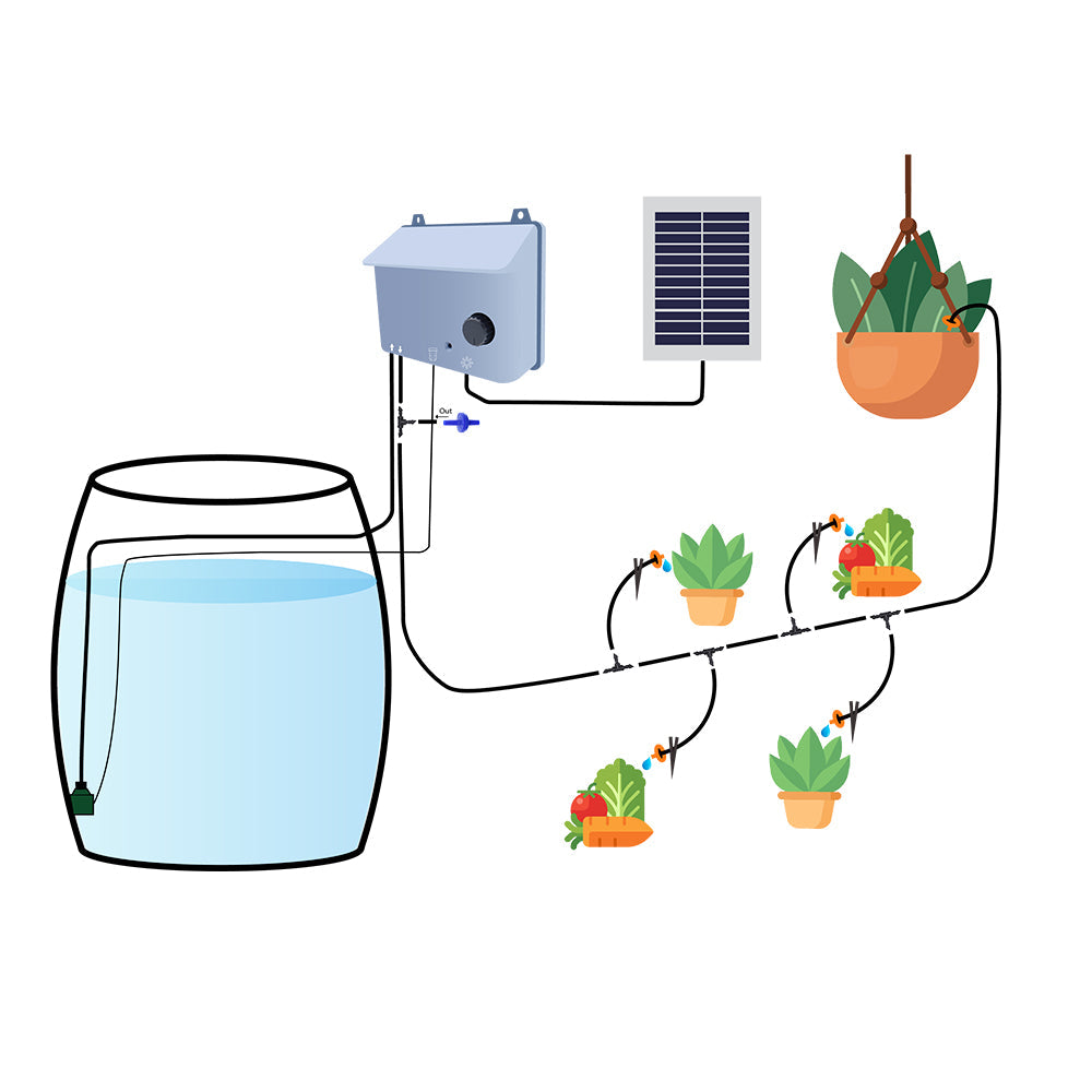 Diagram showing a water filtration system with plants and a solar panel on a white background