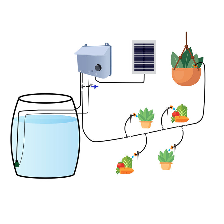 Diagram showing a water filtration system with plants and a solar panel on a white background
