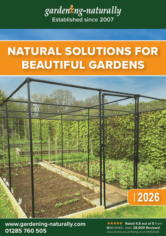 Gardening Naturally catalog cover with garden cage and garden scene, featuring branding and contact information.