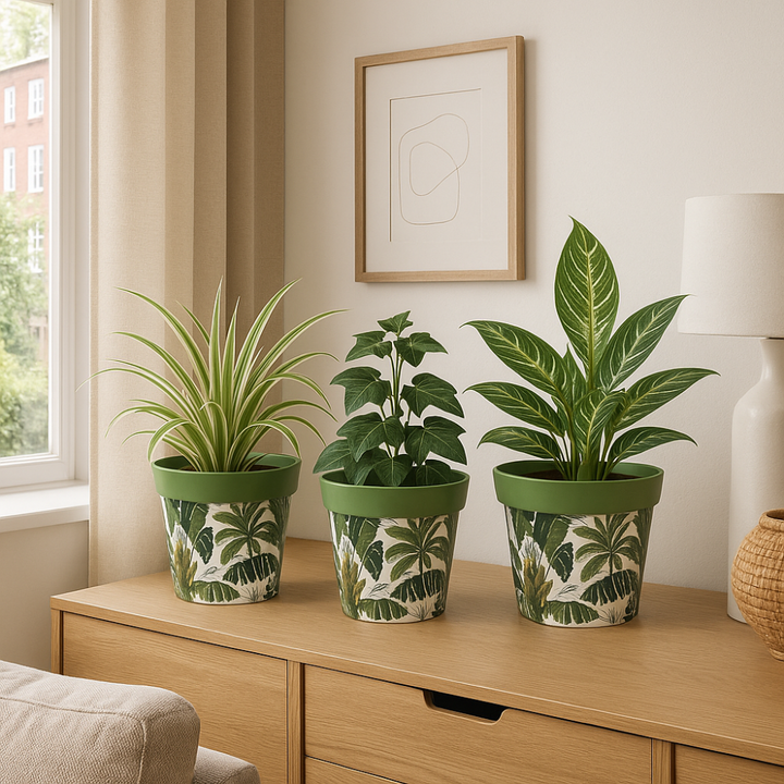 Green unique flowered Plant Pots on a side