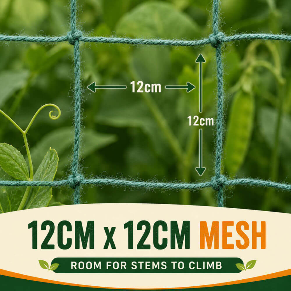 Green garden mesh fence shown with overlaid dimension arrows marking 12cm by 12cm square mesh.