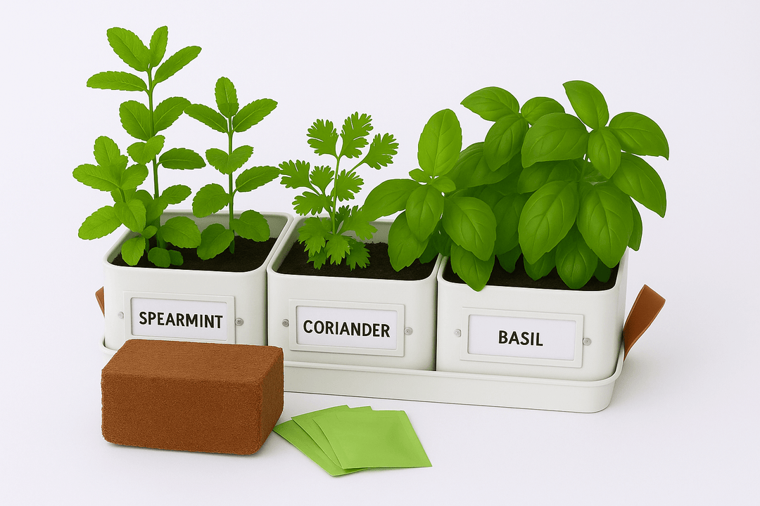 potted grey herb pots with tray and coir and seed packets