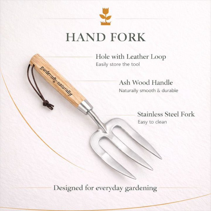 A hand fork gardening tool with a light wood handle, stainless steel three-prong fork head.