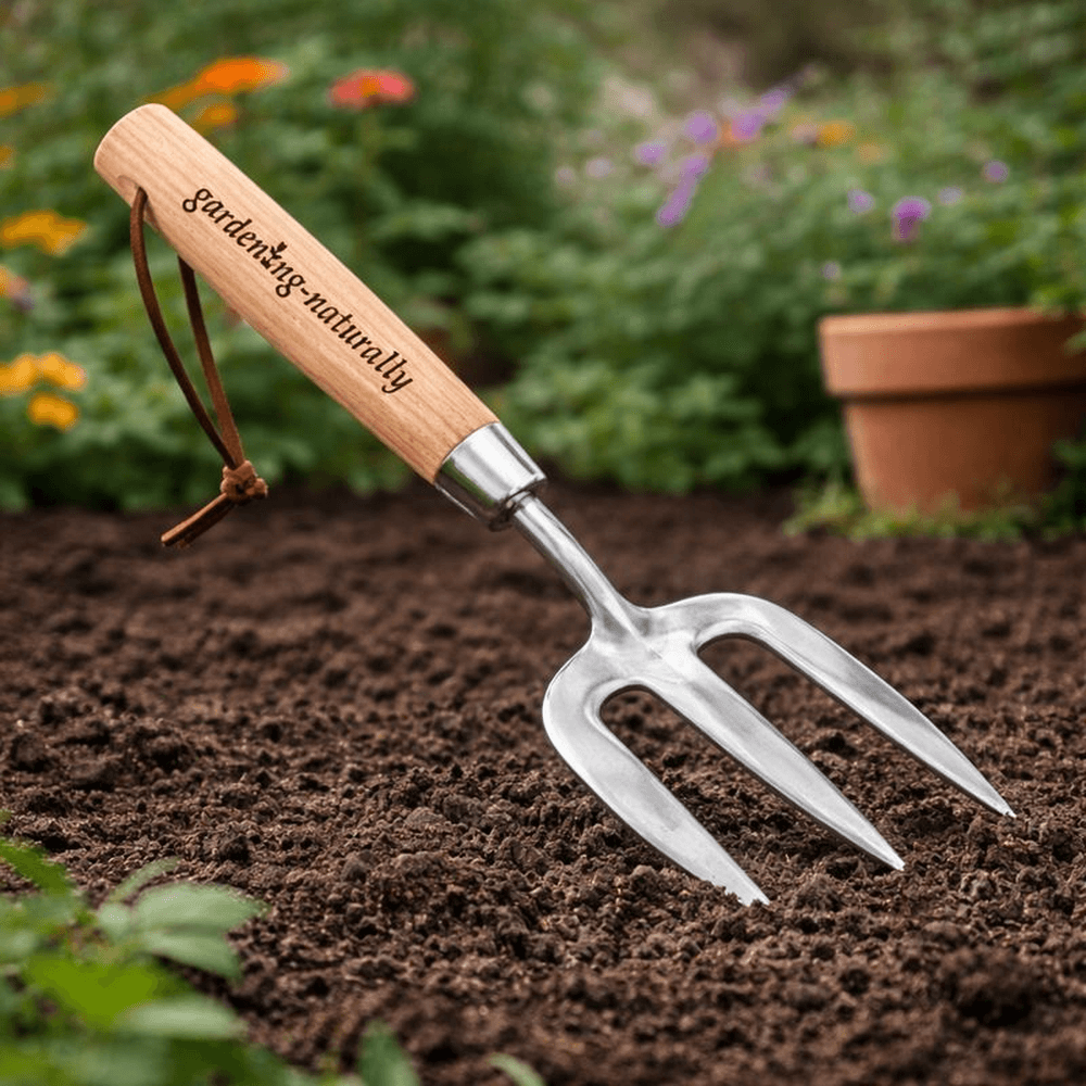A small hand garden fork with a natural wood handle engraved with 'Gardening-naturally' and a brown leather loop, 