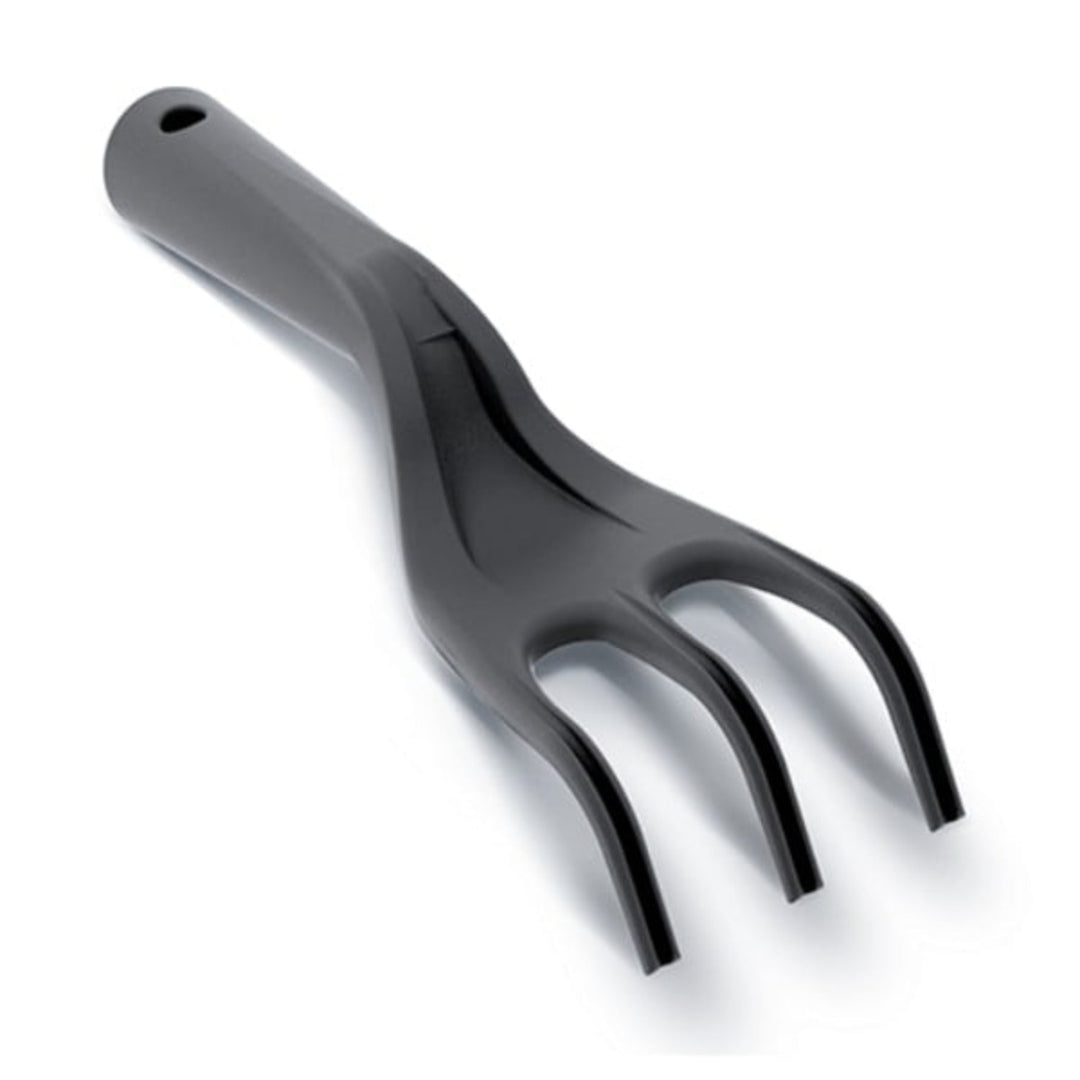 A black plastic four-prong garden fork with a textured grip handle.