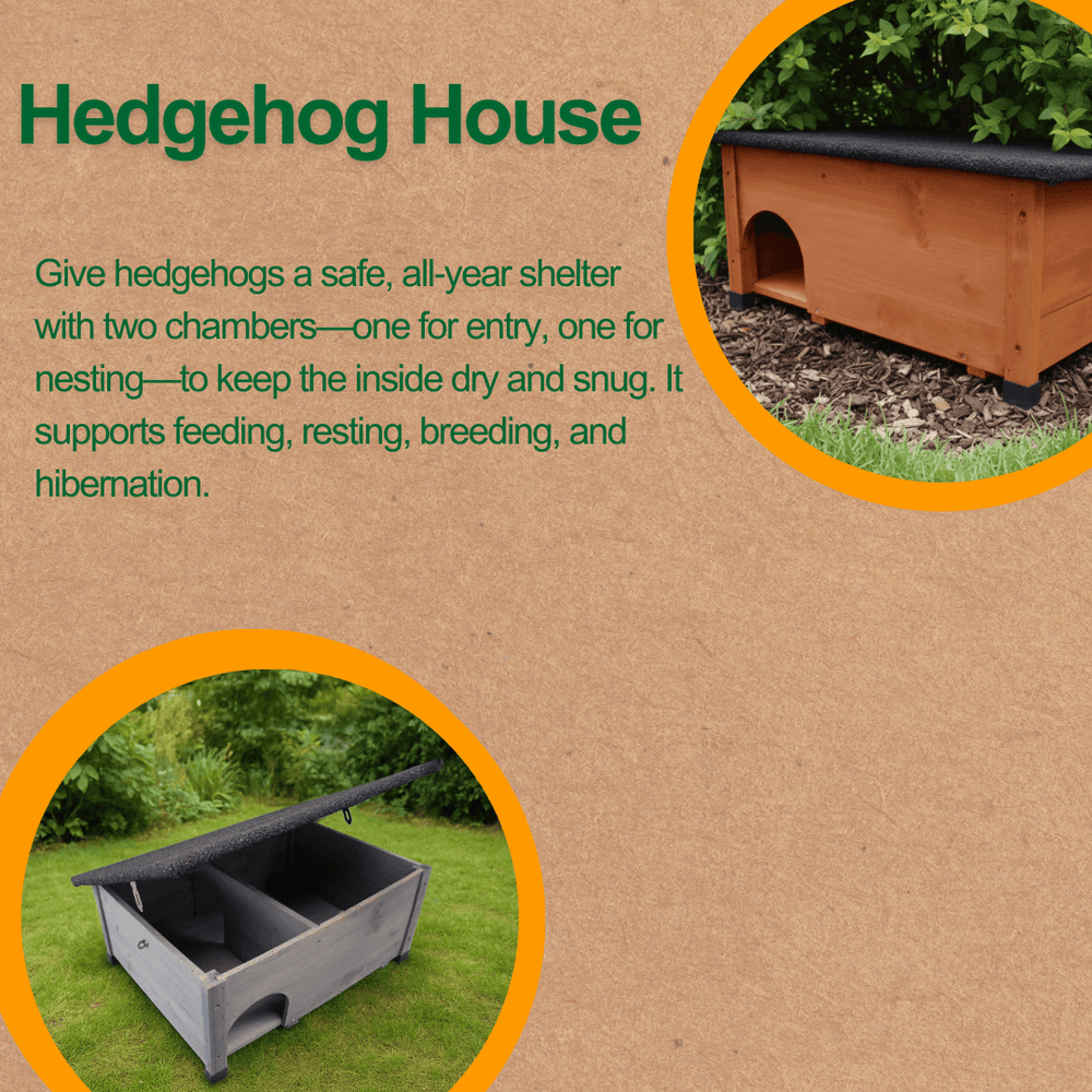 Wooden hedgehog house benefits and pictures in circles