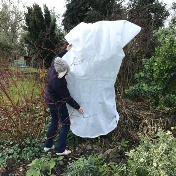 Person holding a large white plastic sheet outdoors in a garden setting