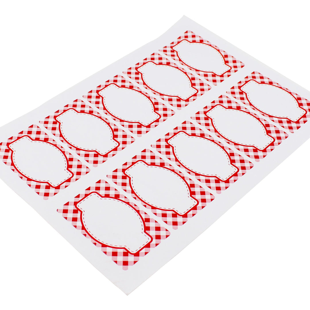 A pack of 40 self-adhesive jam labels with a red and white checkered pattern.