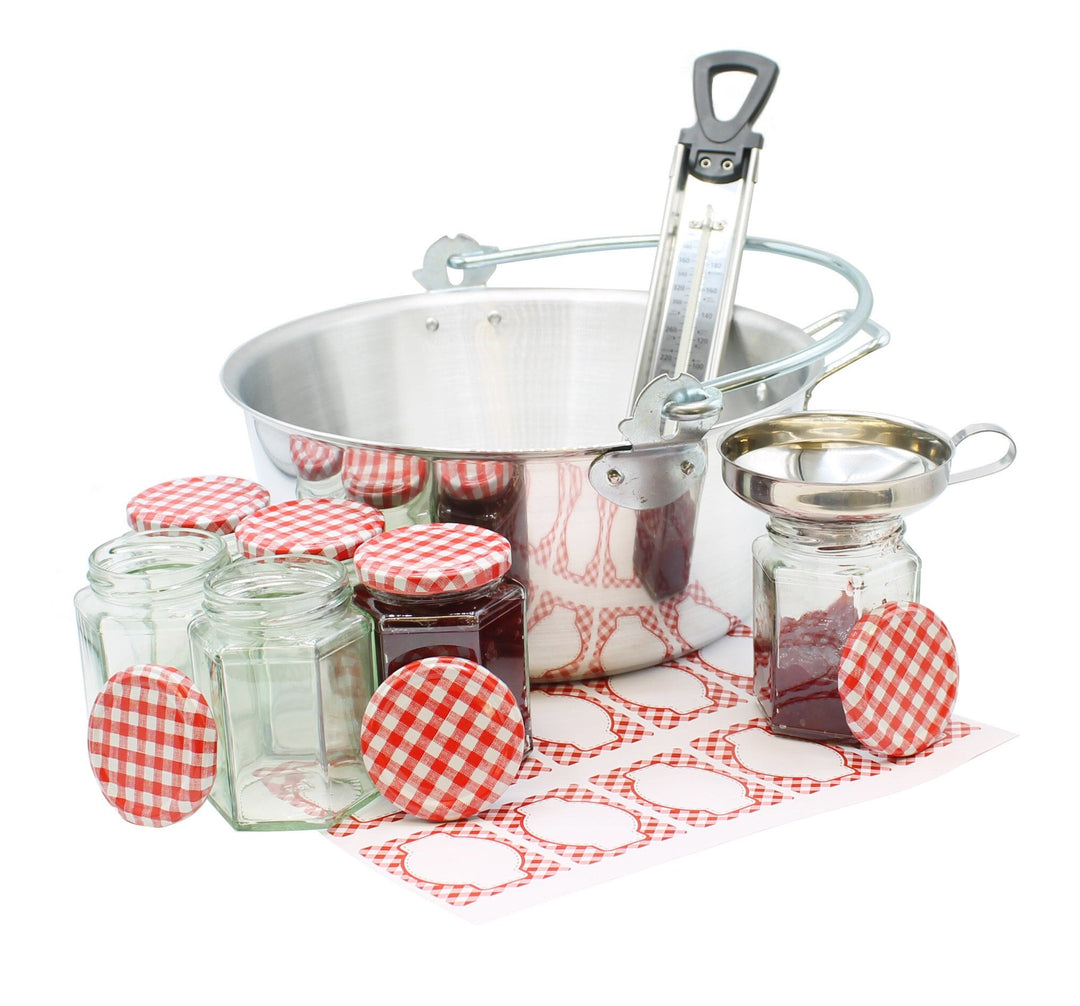 A jam making gift set including a maslin pan, funnel, stainless steel thermometer, six glass jam jars 