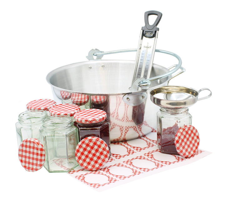 A jam making gift set including a maslin pan, funnel, stainless steel thermometer, six glass jam jars 