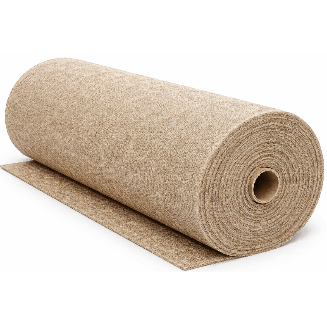 Roll of brown fabric for weed control on a white background