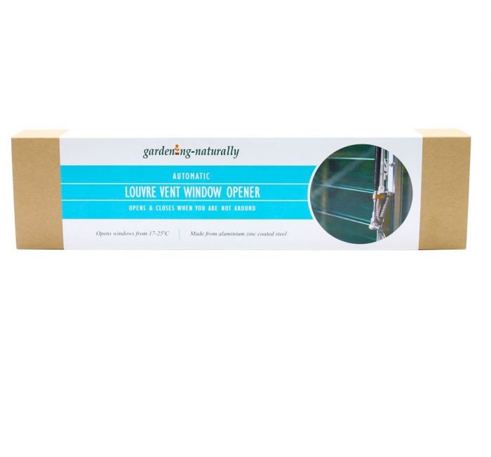 A Gardening Naturally pack with greenhouse louvre vent window opener